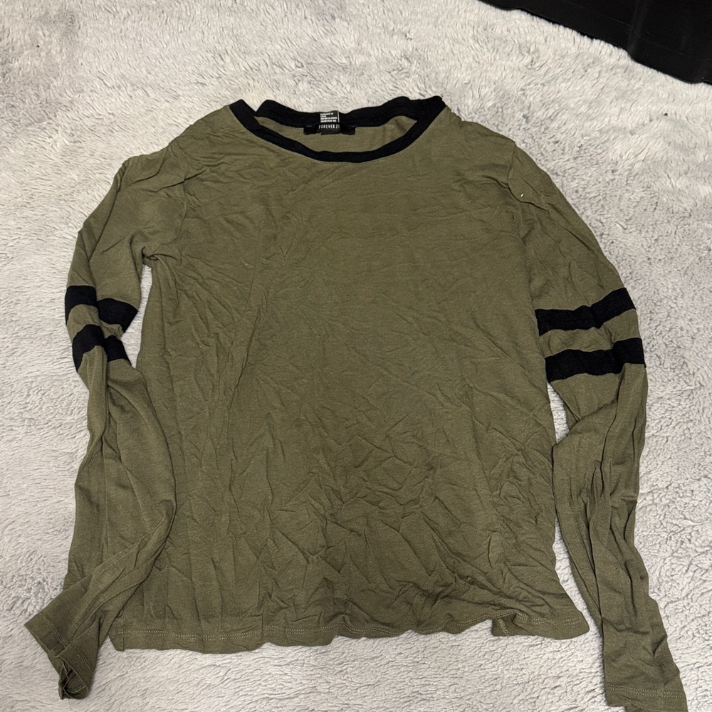 Forever 21 Olive Crewneck Top with Black Sleeve Stripes